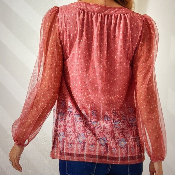🌟 Host Pick 🌟Pink & Dusty Rose floral puff sleeve square neck tunic in size S - Picture 3 of 5